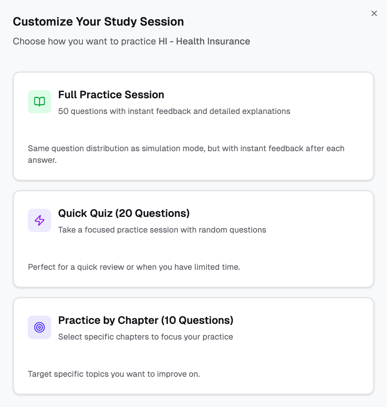 The study session setup screen with full session, quick quiz and chapter modes