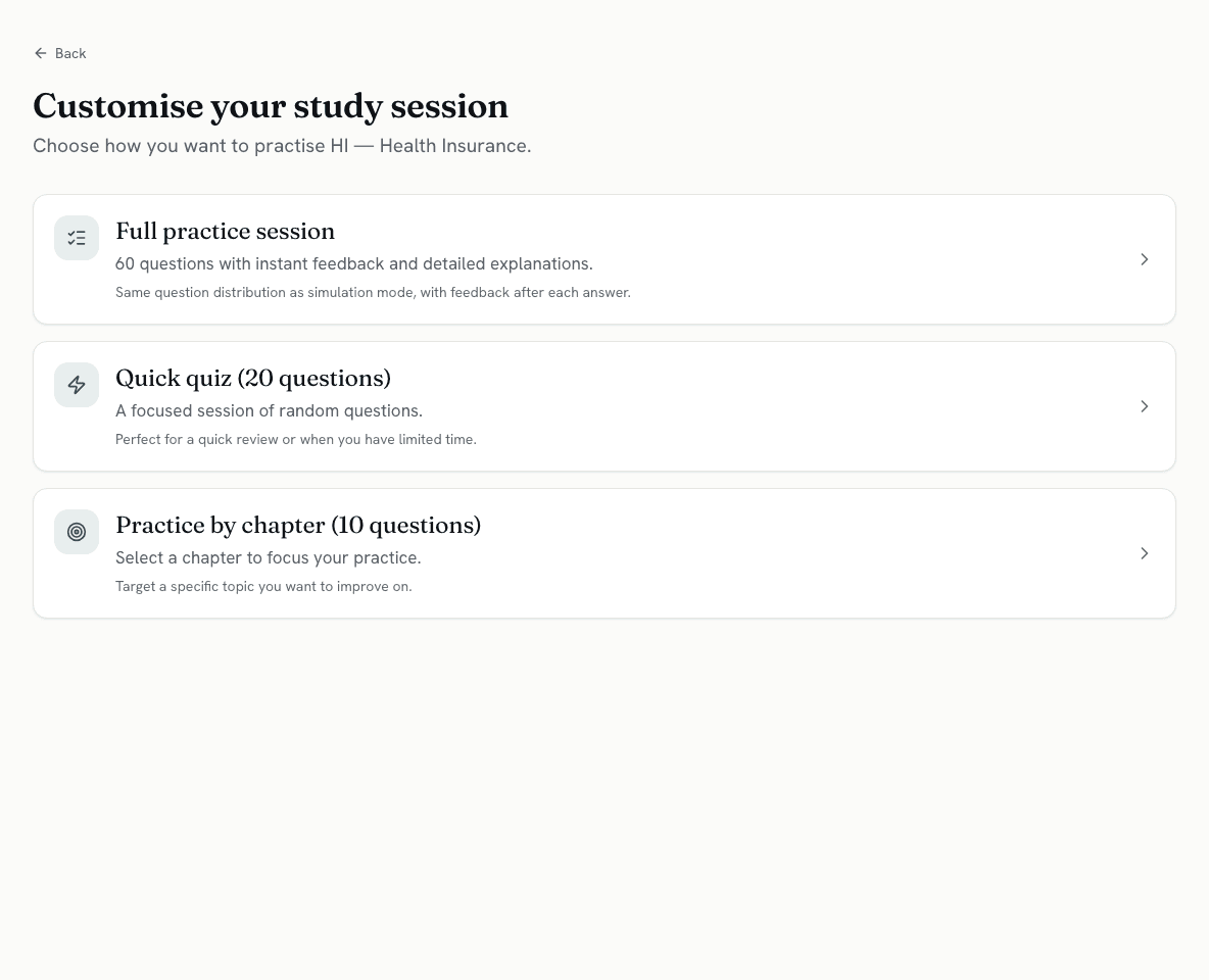 The study session setup screen with full session, quick quiz and chapter modes