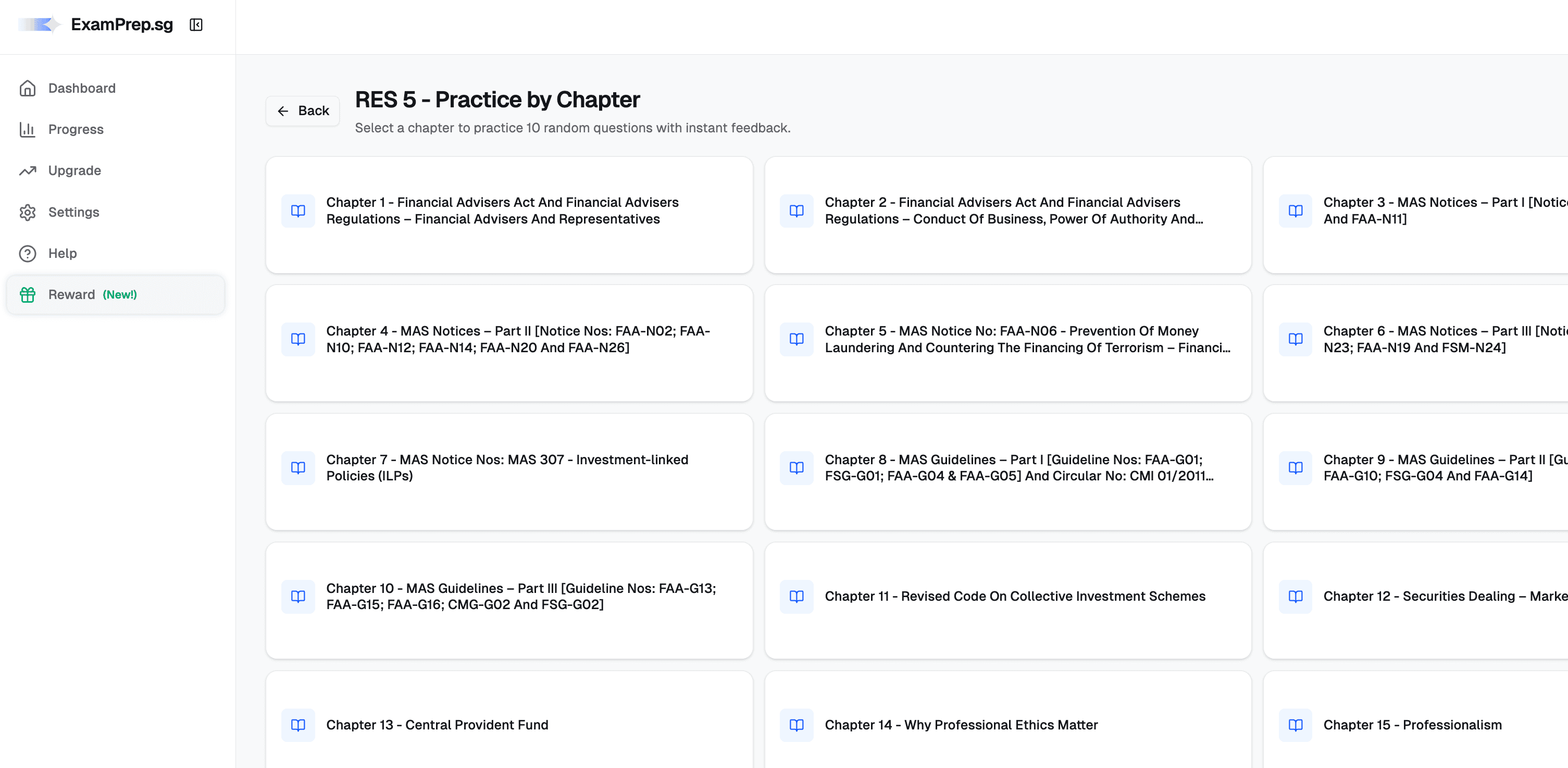 Chapter selection screen for focused practice