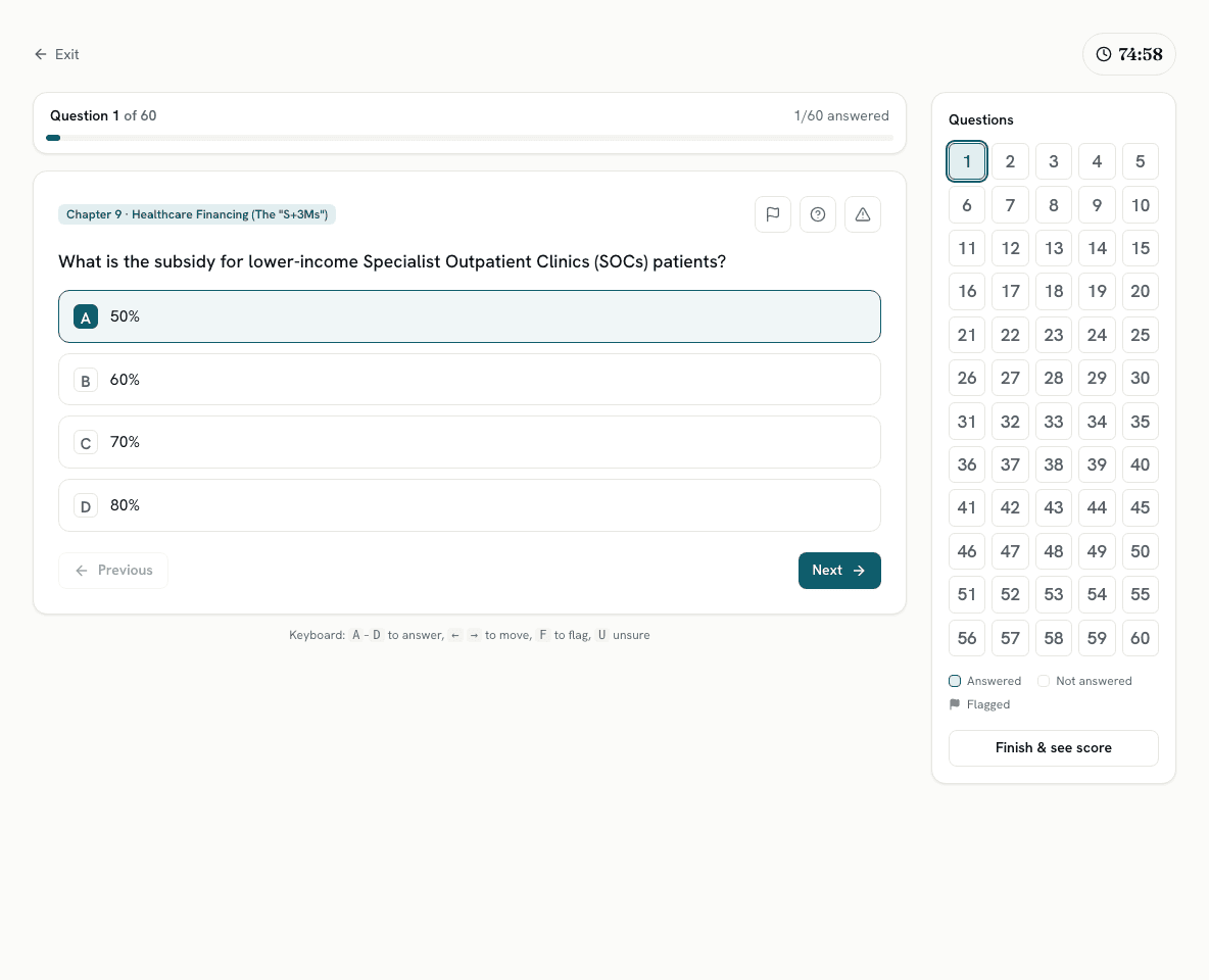 An exam-mode mock running under a countdown timer