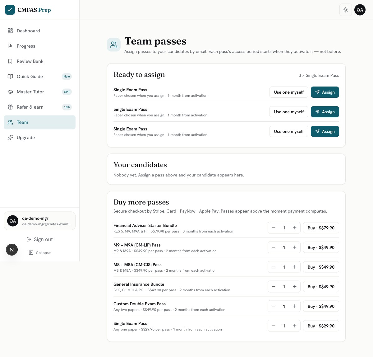 Your Team page